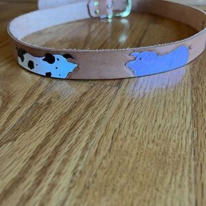 VTG Diane Weiss NYC Pigs Hand Tooled‎ Leather Belt Gold Brass